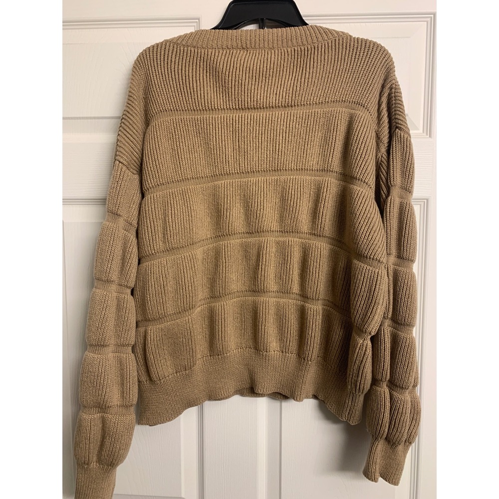 KIRUNDO XL Tan Ribbed Tiered Puff Sleeve Crewneck Sweater Pullover - Picture 3 of 8
